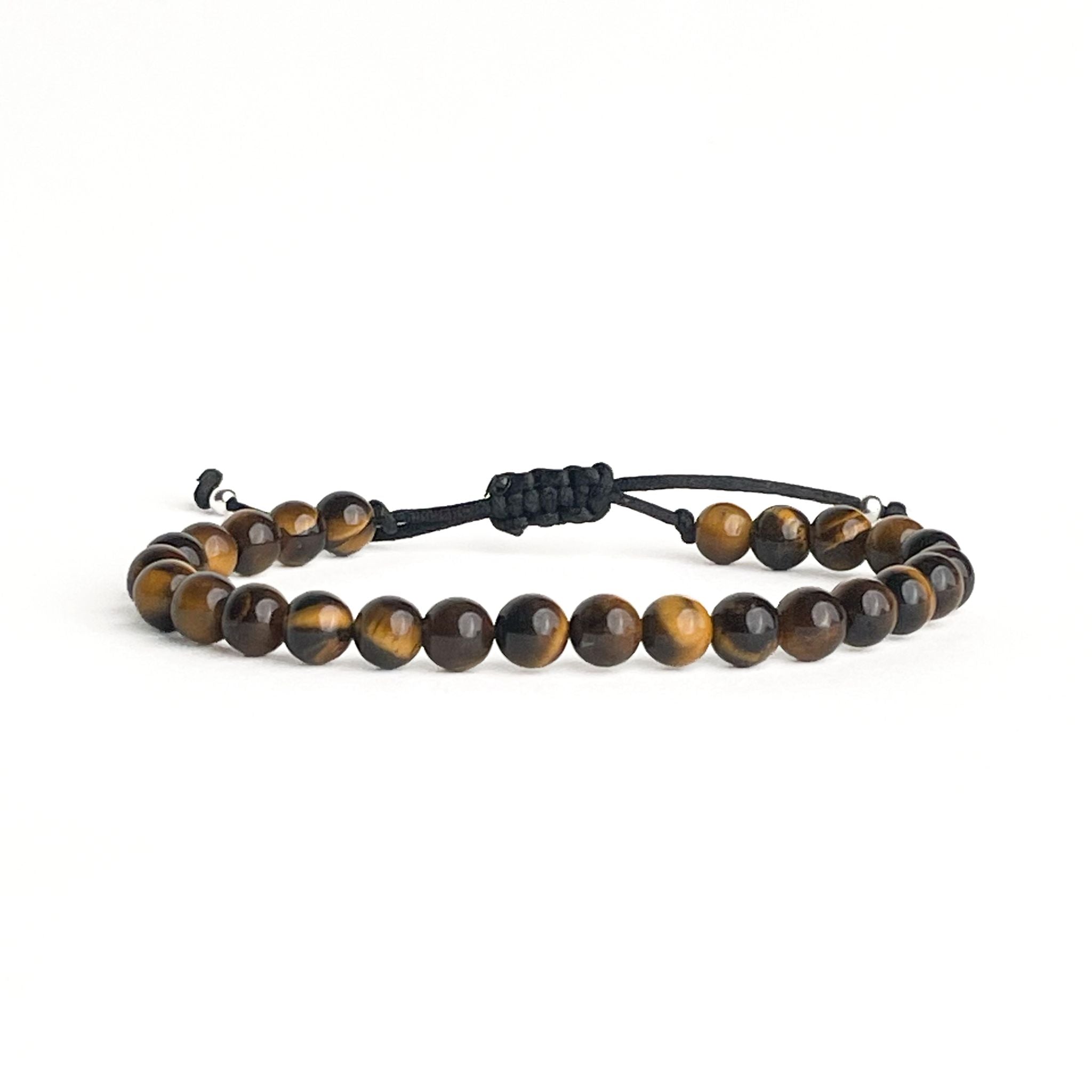 Brățară Tiger Eye din piatră naturală de 6 mm cu două bile din argint 925 și șnur reglabil